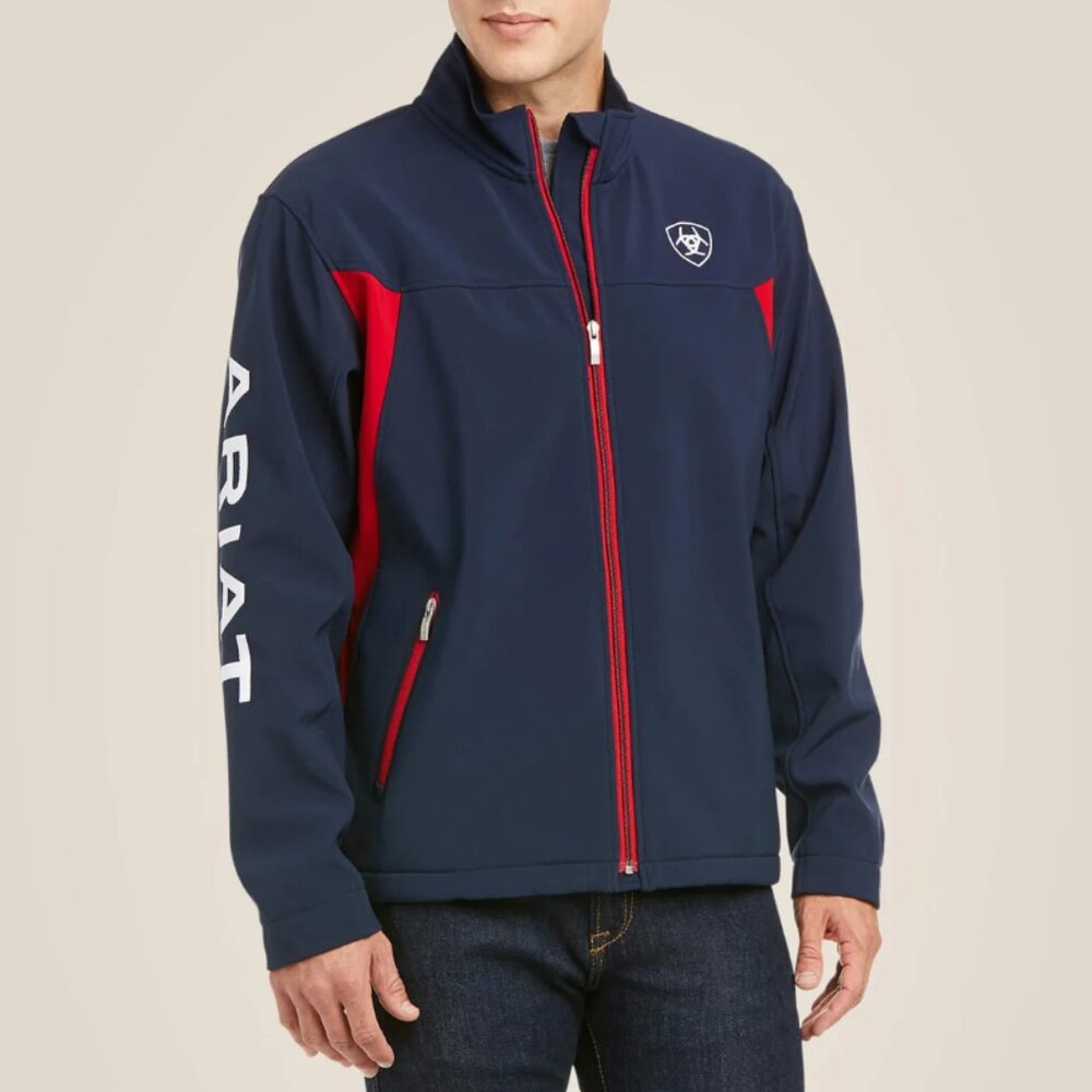 Ariat Team Navy Blue & Red Softshell Full-Zip Spell Out Logo Jacket. Mens Large